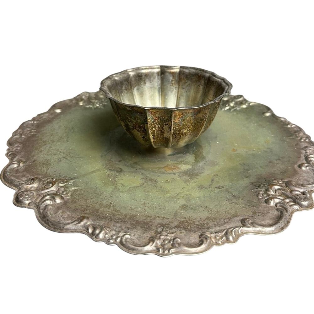 VTG 1940’s ornate centerpiece tray with bowl Midcentury Rococo heavy aluminum